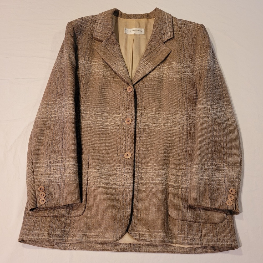 Bernard Zins Wool Plaid Blazer‎ Jacket, Women's Size 10, Brown Tan